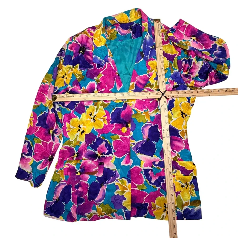 Vintage 100% Silk Floral Blazer Medium Multi Color‎ Dopamine 90s Career Luxury